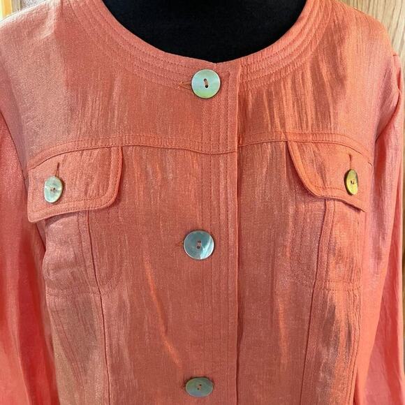 Ruby Rd. CORAL PINK shimmer women’s size 16 jacket. 3/4 sleeves, button down - Picture 2 of 12